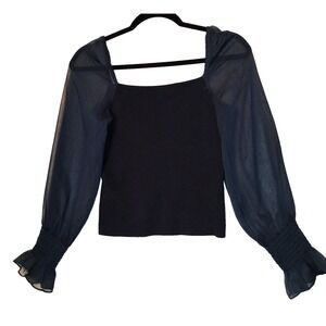 French Connection sz Small Navy Knit Top Sheer Sleeves Sweetheart Neckline NWT